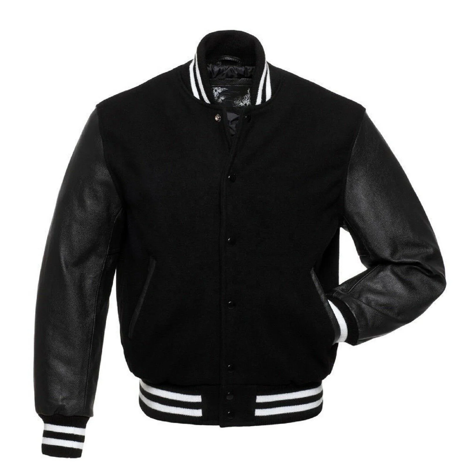 
Black Wool Black Real Leather Arms Rib Black/White Letterman Jacket 