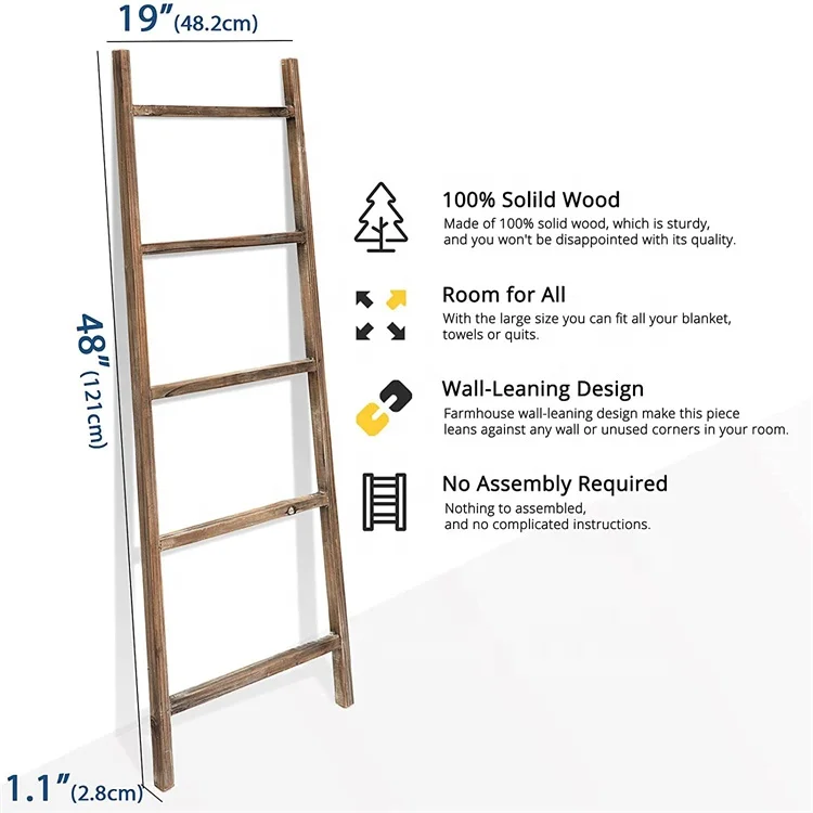 ARTMADE Wood Blanket Ladder Wall-Leaning Non-Folding Blanket Ladder Rustic Farmhouse Wooden Ladder Decor Shelf