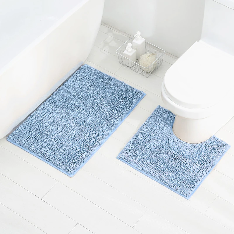 SHENGDE Custom Size Bathroom Shaggy Solid Color Microfiber Rug Set 3pc Non Slip Tpr Shiny Chenille Bath Mat