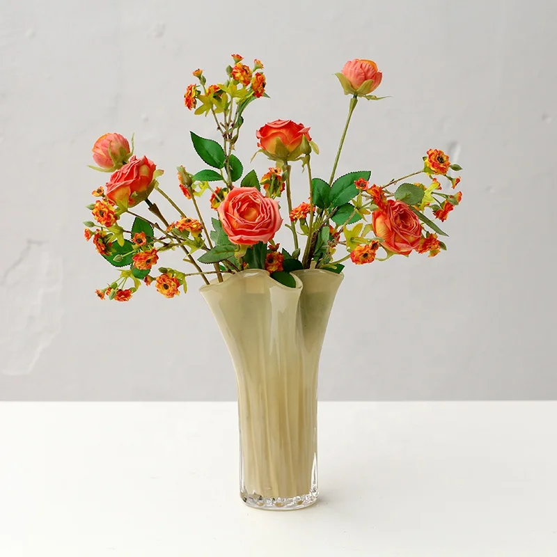 Bixuan Translucent Ice Cream Color Handblown Glass Vase Porcelain Powder Petal Shape Flared Mouth Flower Arrangement Glass Vases