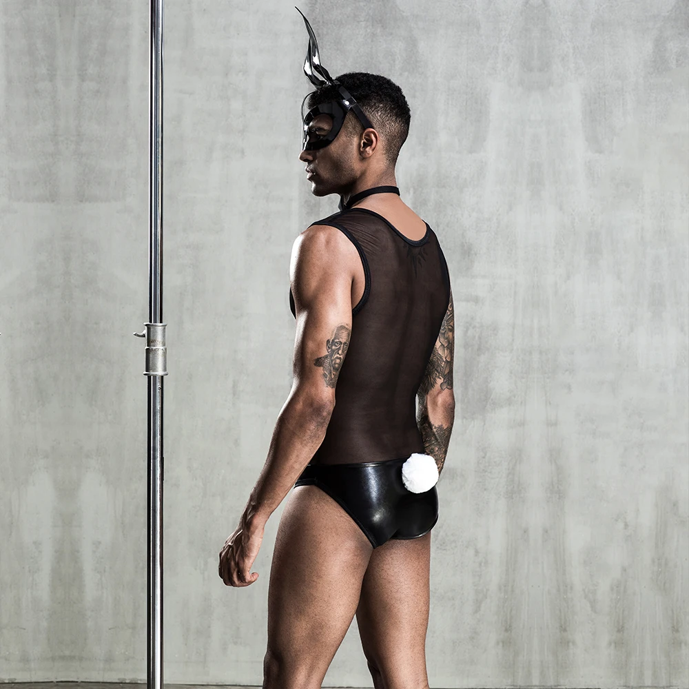 black mesh bodysuit lingerie and rabbit mask cosplay mens bunny Lingerie Sexy Bodysuit Bunny Suit Role Play Costume halloween