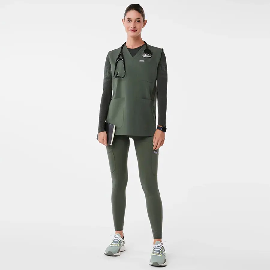 Bestex Custom V Neck Sleeveless Scrubs Vest Side Slits Scrubs Leggings Nursing Medical Scrubs Uniforms Sets Vendor for Women