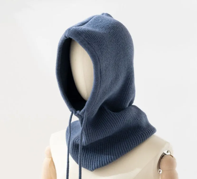 Manufacturer Custom Fashion Drawstring Warm Knitted Pullover Beanie Cap Ring Hooded Scarf Balaclava Hat For Women