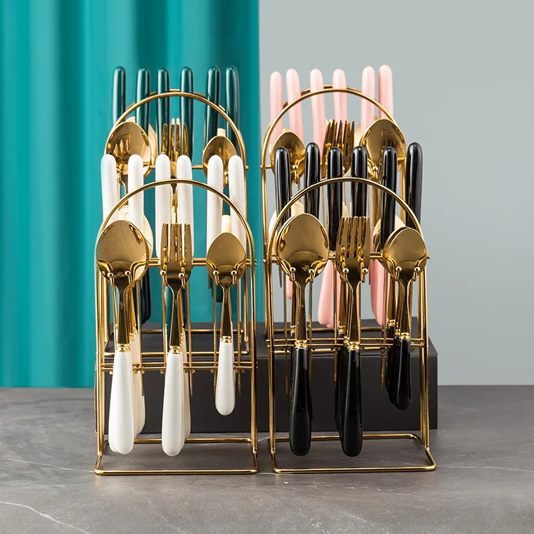 High quality 24 pcs gift gold flatware set ceramic handle stainless steel cutlery with holder