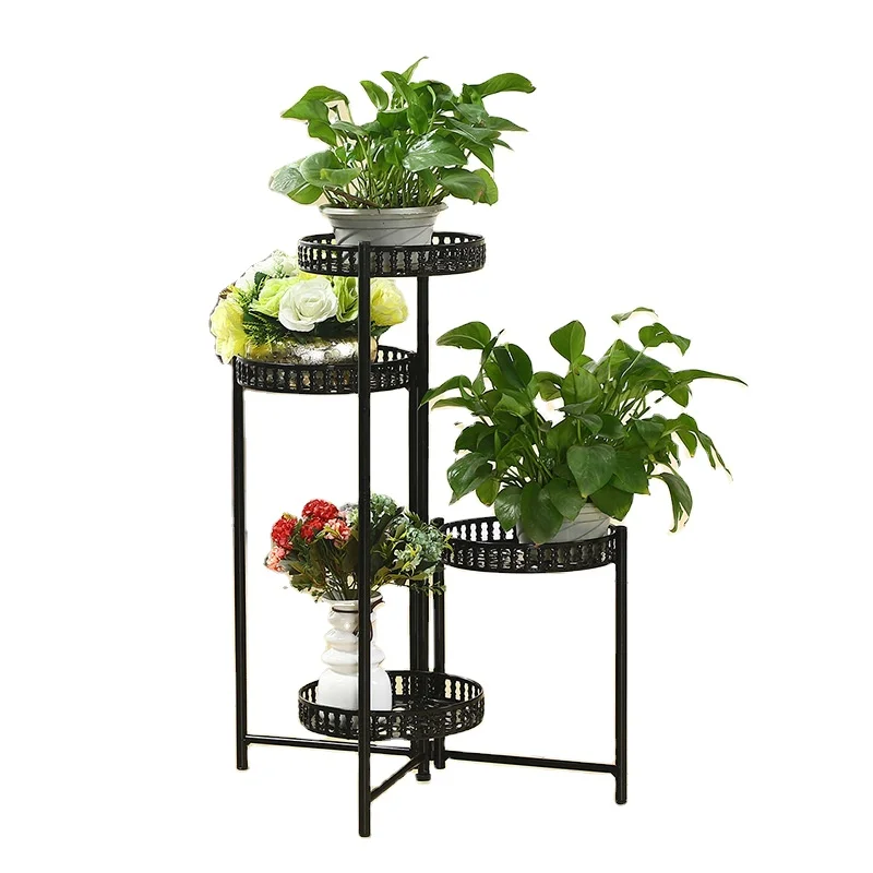 European style wrought iron 4-layer flower stand, adjustable metal flower pot stand with 4 trays