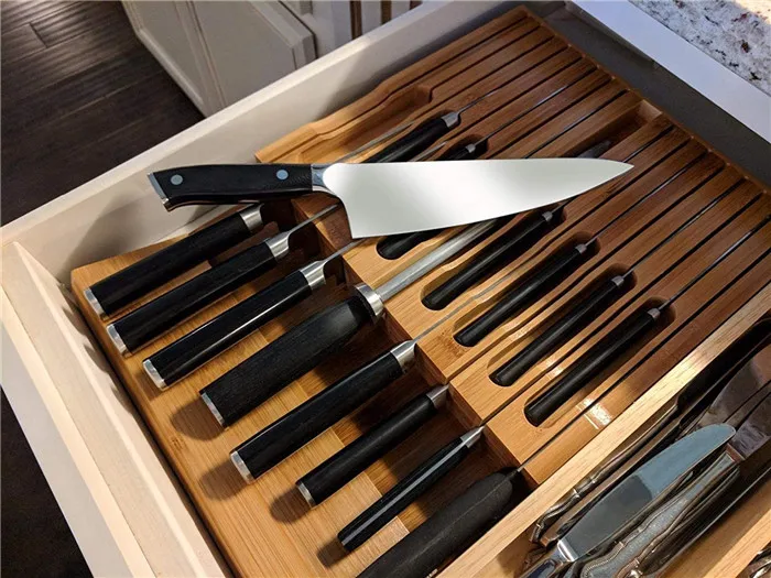 Bamboo Knife Block, Drawer Organiser and Holder for 12 Knives and 1 Sharpening Steel