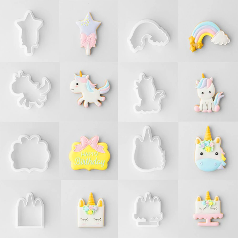  8Pcs/Set DIY Cute Cartoon Unicorn Horse Shape Fondant Cake Cookie Cutter Mold Biscuit Decorating Moulds Kitchen Baking