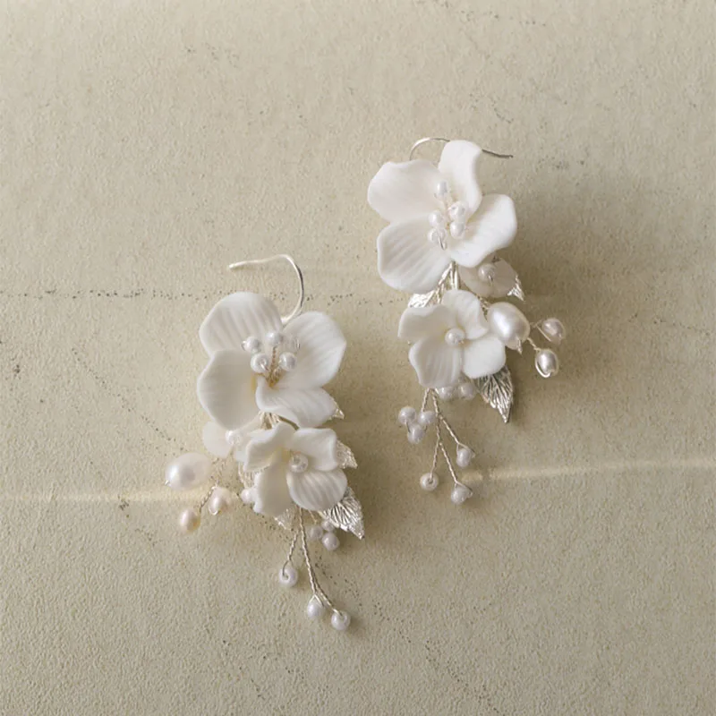 SLBRIDAL Ins Style Sparkling Zircon Crystal Rhinestones Porcelain Flower Freshwater Pearls Bridal Wedding Earring Women Earrings
