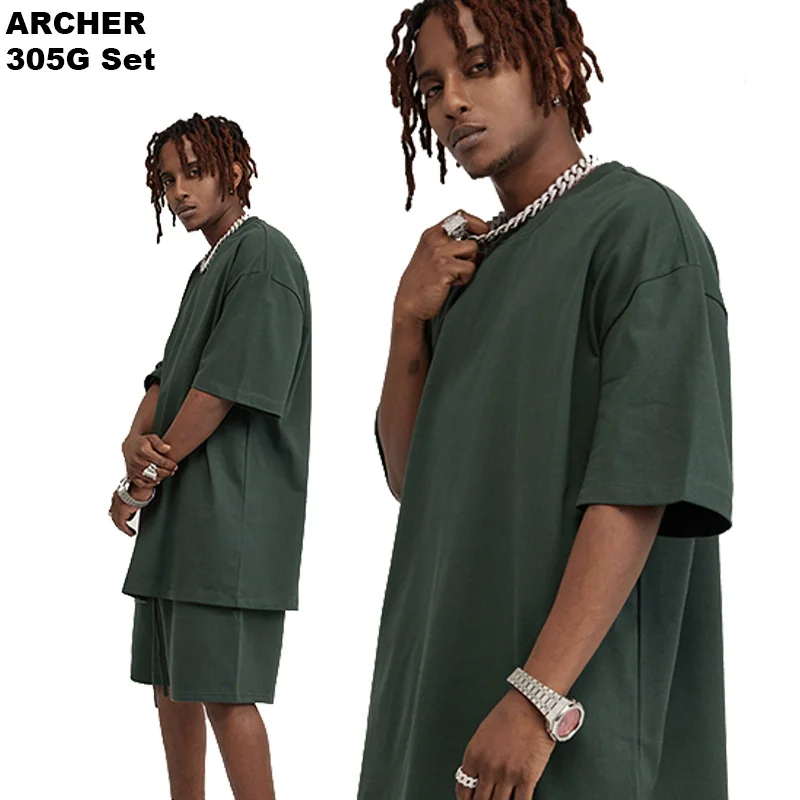 2023 Archer new set Streetwear Washed Distressed Unisex Mens Summer 2 Piece Men Tshirt And Shorts Set