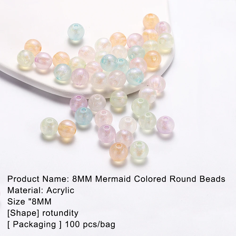 100pcs acrylic colored pearl mermaid round beads 8mm loose beads, handmade DIY bracelet making materials and accessories