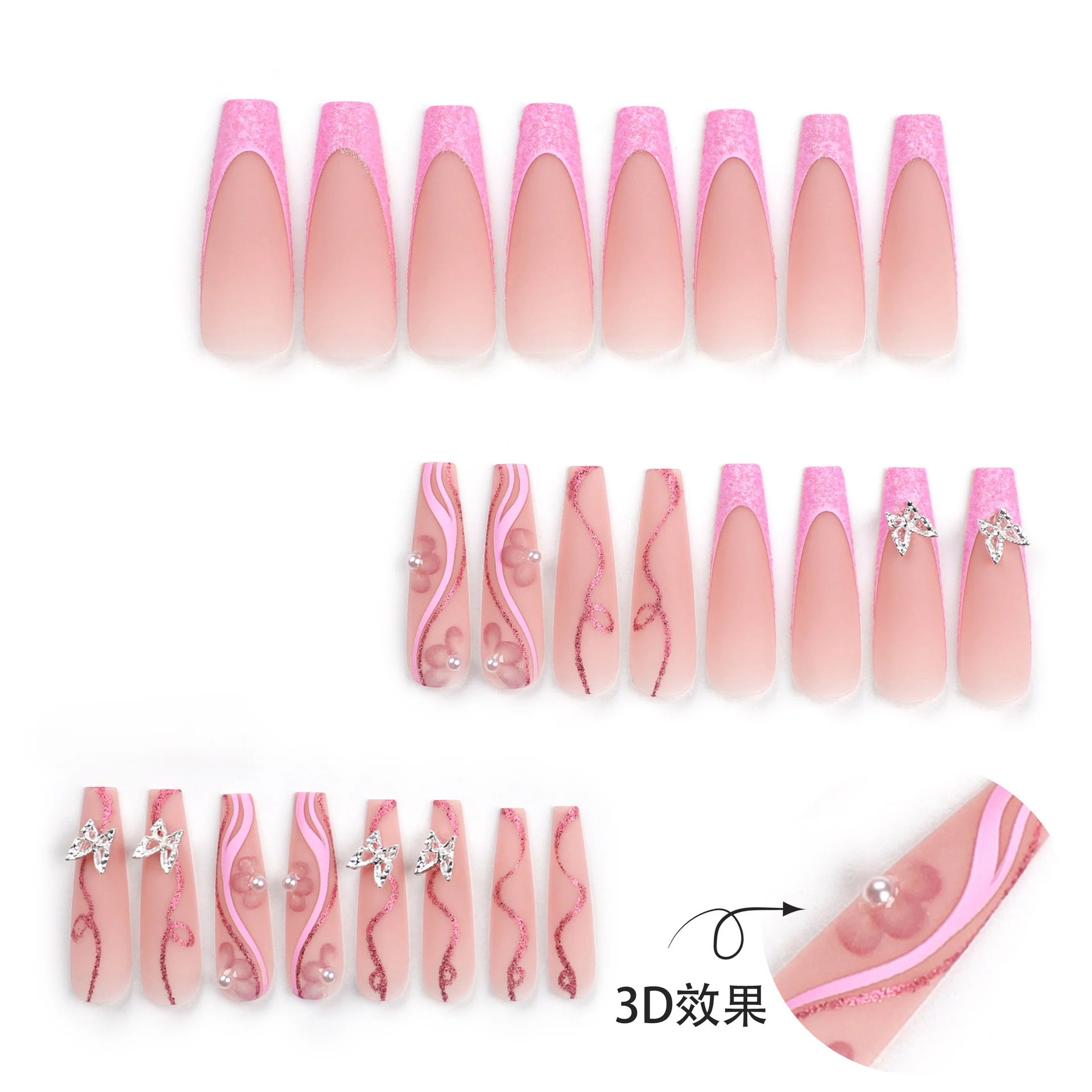 New Arriving French 3D Silver Butterfly Glitter Pink Flowers Pearls Press On Nails Artificial Fingernails Art For Women