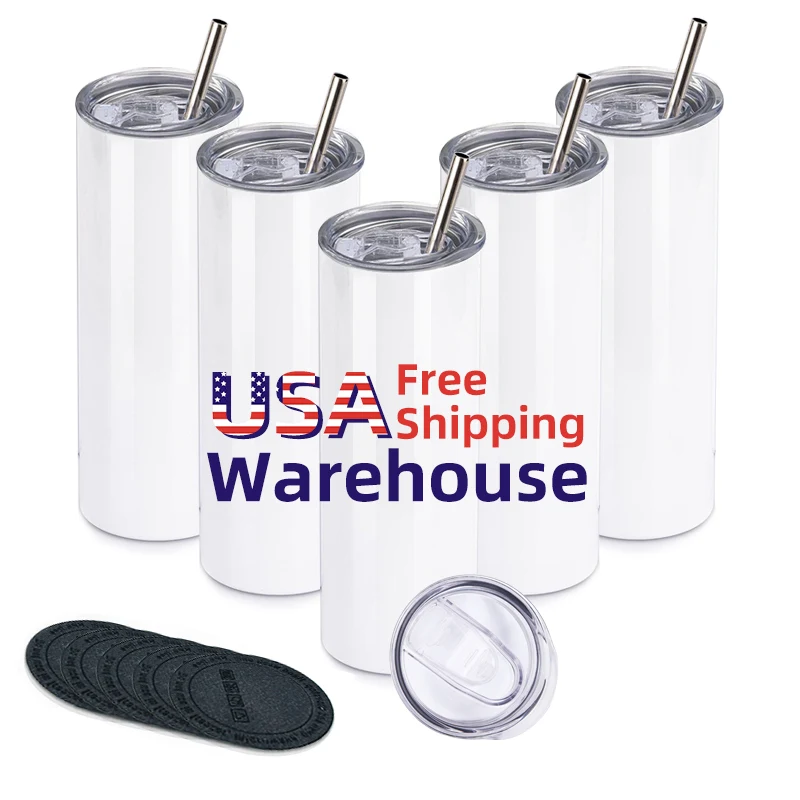 US Warehouse Stainless Steel 20oz Sublimation Tumbler Blank Heat Press Tumblers Straight Shinny Cups With Straw And Rubber