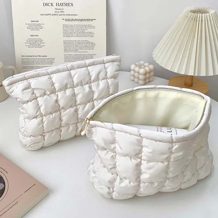 Padded Quilted Puffy Cotton Solid Color High Appearance Level Cream Color Cloud Puff Lipstick Brush Storage Cosmetic Makeup Bag
