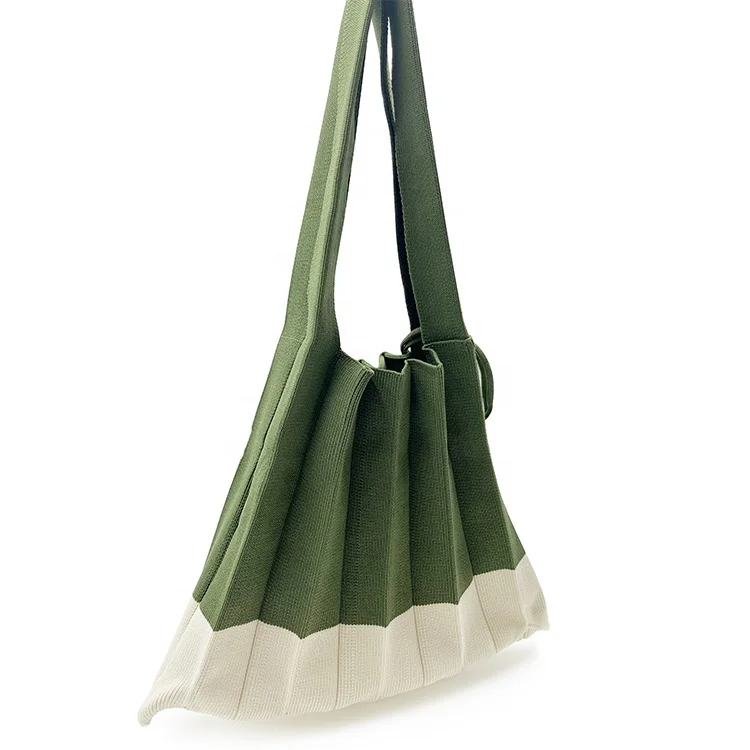 Japanese Designer Pleated Drawstring Canvas Folding Shopping Splice Woolen Knitted Color Block Wrist Handbag
