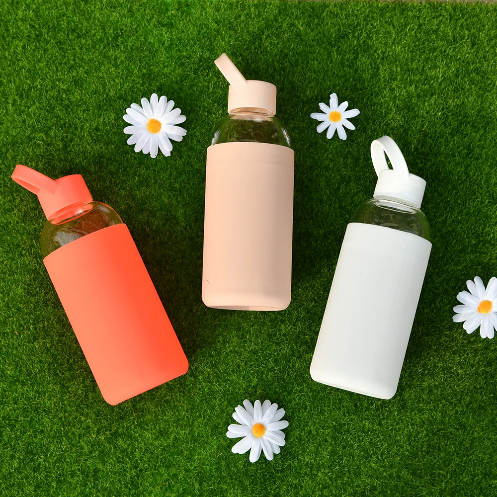 600ML Transparency Custom Sport Drinkware glass water bottle with silicone sleeve  top seller glass bottles drink