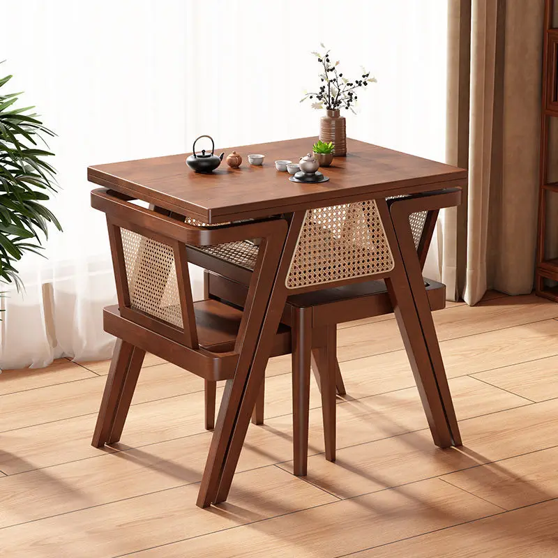 Japanese recycled pine wood table and chair set square restaurant dinning table set rattan balcony small tea table and chair