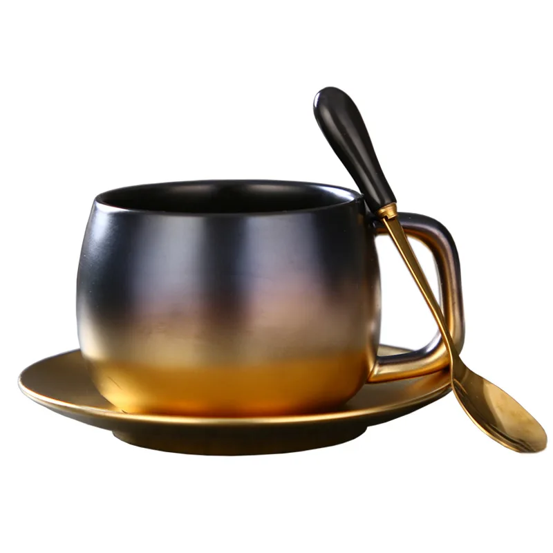 Nordic porcelain tea cup and saucer set luxury ceramic matte black&gold belly coffee mugs