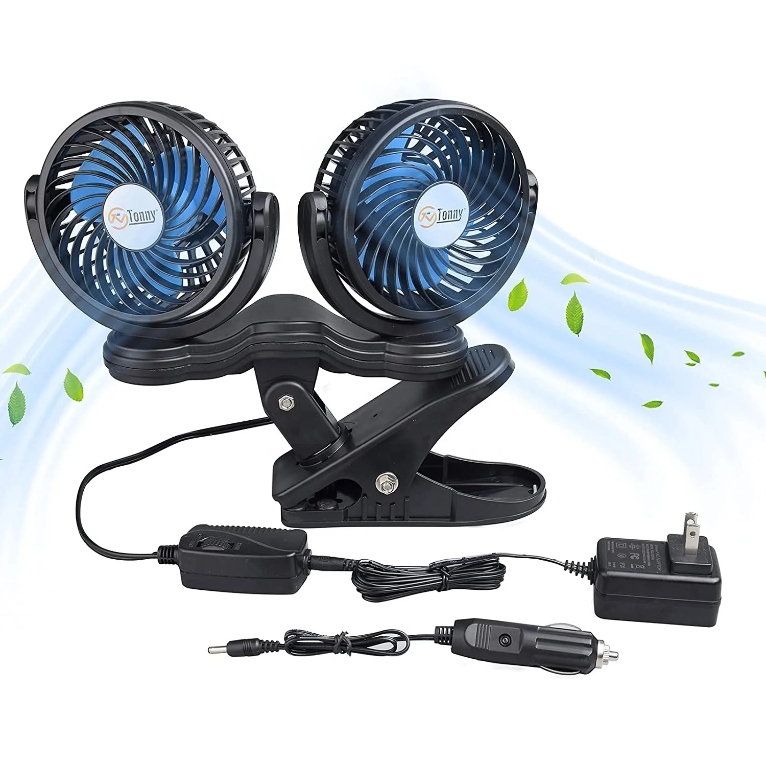 Dual Head Clip Fan, 4 Inches Electric Car Clip Fans 360 degree Rotatable,12V Cooling Air Fan with Stepless Speed Regulation