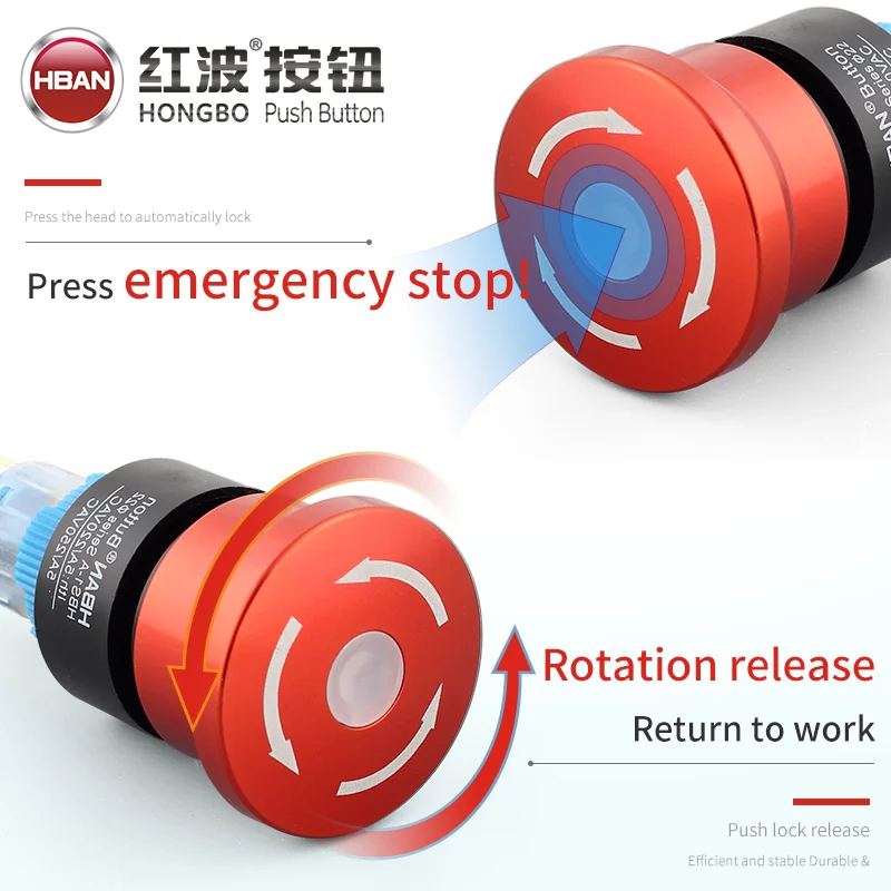 hban 22mm Zinc alloy 1no1nc self-locking dot illuminated emergency e-stop button