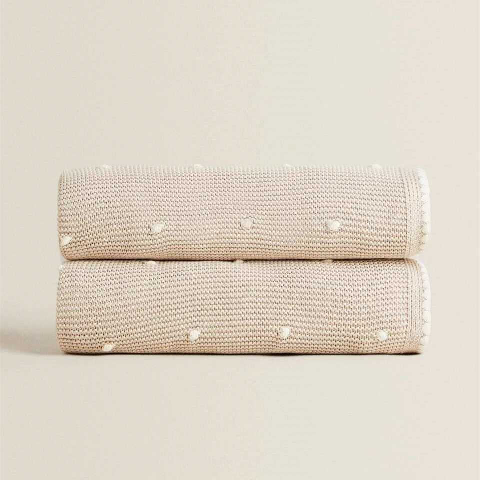 100% cotton plain knit baby handmade crochet edge pom pom throw blanket for kids QY