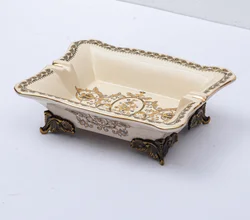 High Quality Custom Luxury Gold Flower Pattern Cigar Ashtray  Rectangular  Ceramic Ashtrys With Copper Handle