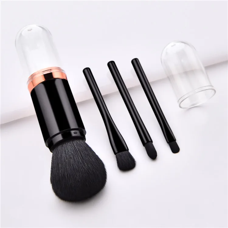 Custom 4 In 1 Make Up Brushes Cosmetic Portable Dual End Black Retractable Travel Makeup Brush Set 4 PCS Private Label Vegan