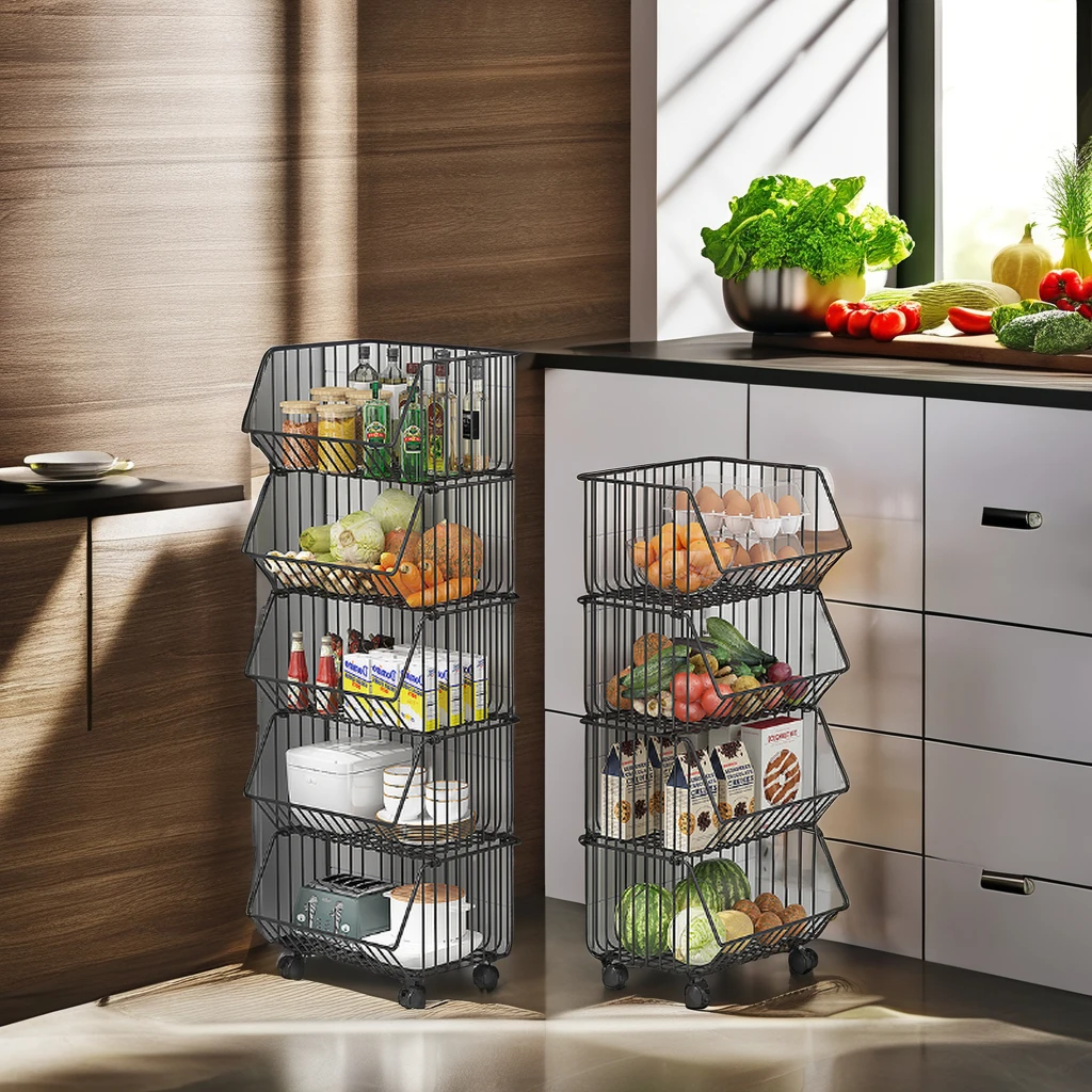 360 Degree Rotating Fruit Basket Multilayer Kitchen Storage Shelf Organizer Metal 4 Tier Kitchen Storage Rack Trolley Cart