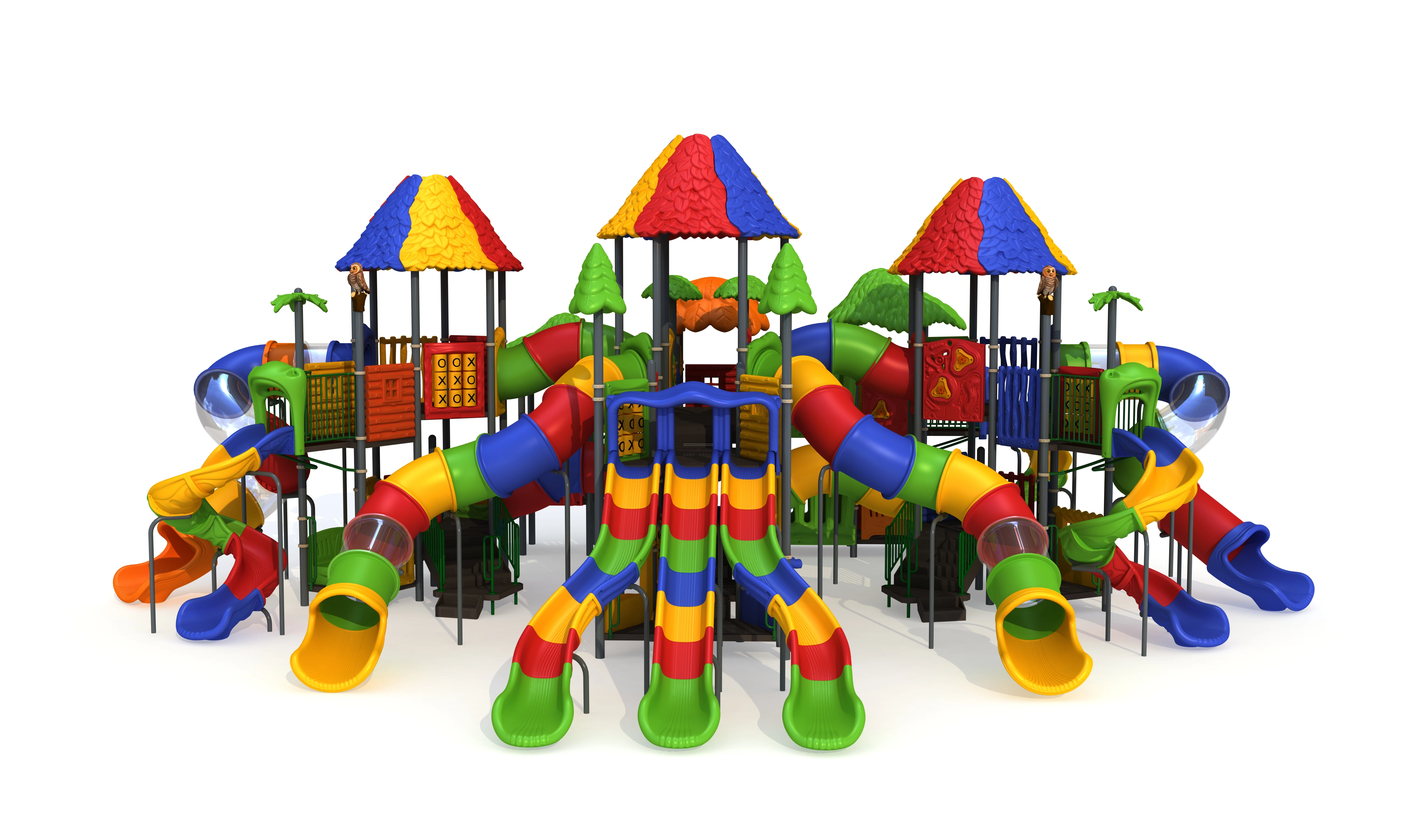 Colorful rainbow Big playground with high play towers and slides for landscaping and amusement park