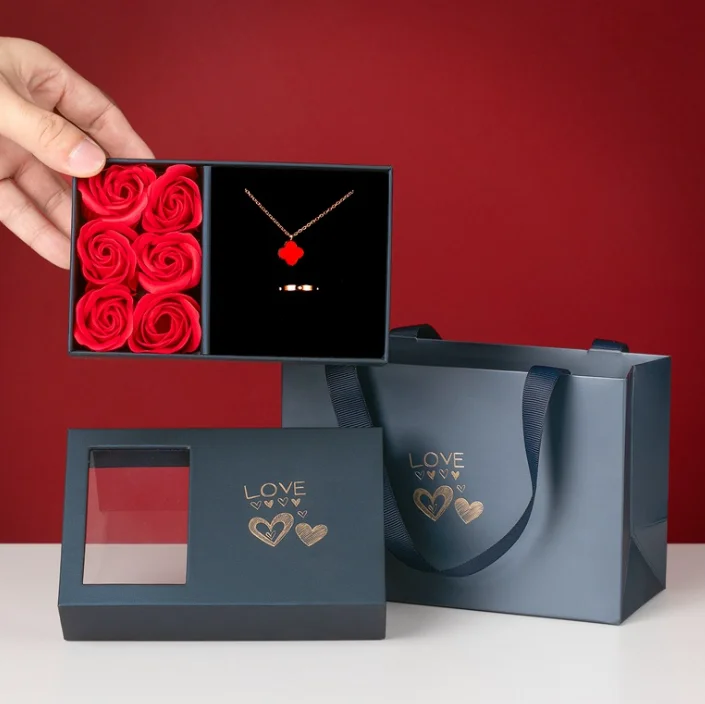 Valentines Day Christmas Lipstick Double Layer Gifts Box Ring Necklace Soap Preserved Rose Flower Jewelry Gift Box