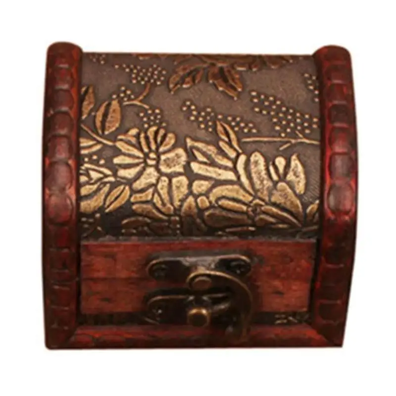 Antique Vintage Wooden Box Handmade Retro Wood Organizer Small Metal Lock Jewelry Treasure Chest