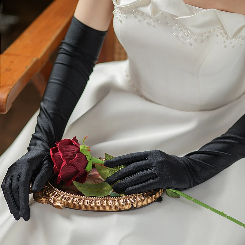 WG068 Elegant Wedding Bridal Black Gloves Full Long Satin Brides Bridesmaid Prom Evening Parties Gloves Women Accessories