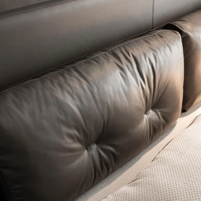 Fashionable luxury style villa bedroom furniture modern sofa bed solid wood frame dark gray comfortable leather bed