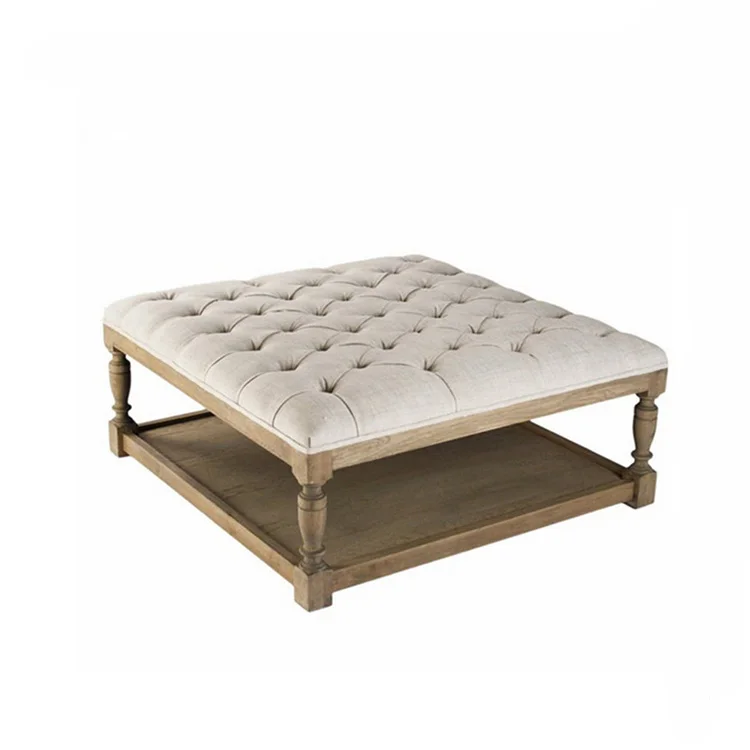 Wholesale Custom French Natural Wood Tufted Cube Fabric Stool Wooden Bench