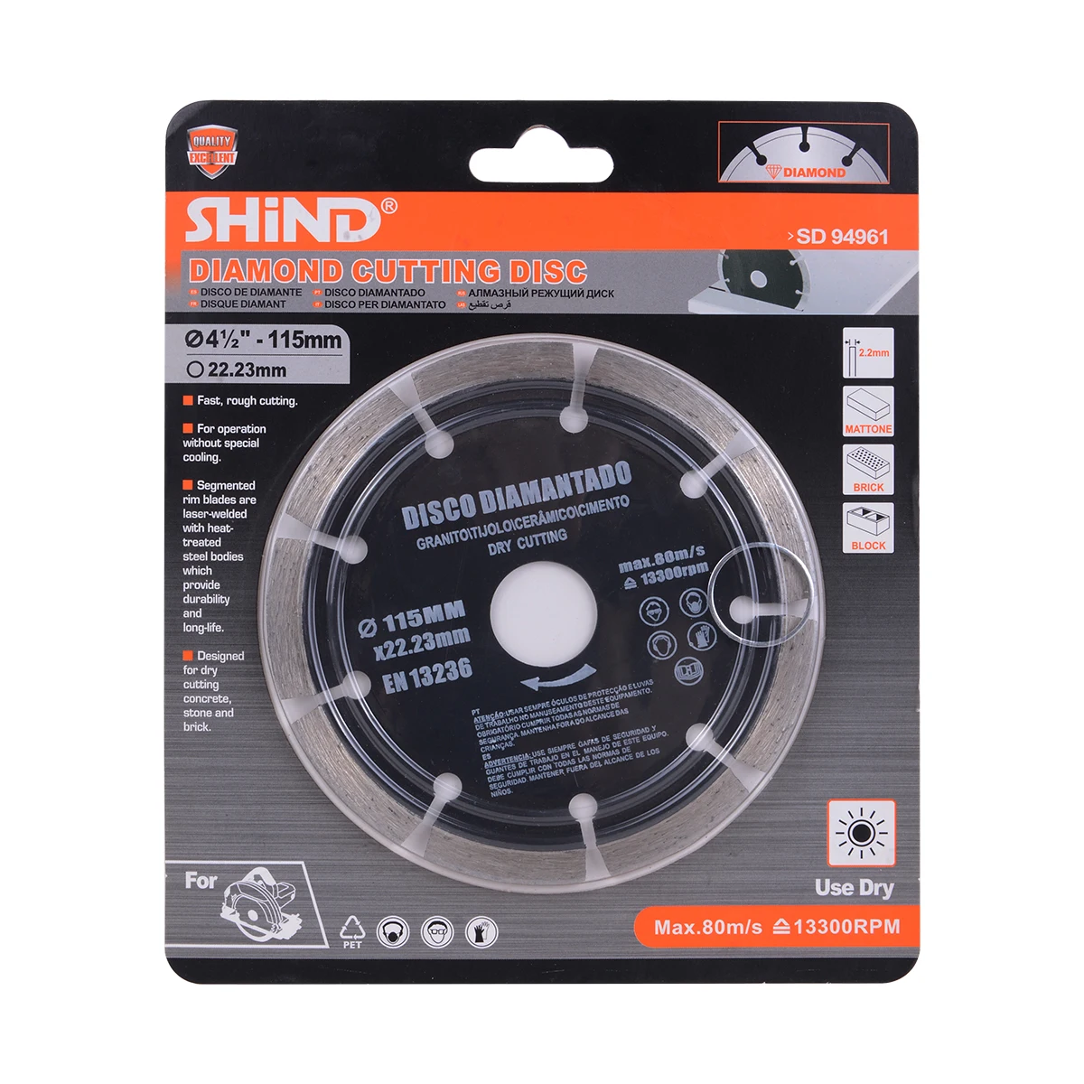 SHIND 94961 Dry Diamond Cutting Disc 115mm /4.5in *22.23mm Segmented Blade For Hard Metal Concrete Stone And Brick