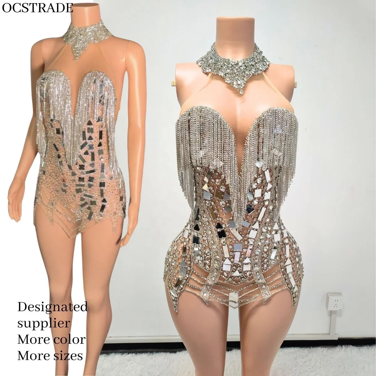 Ocstrade Women Sexy Mini Club Dresses 2024 Crystal Neck Mirror Full Tassel Silver Rhinestones Costume Women Party Dresses Sheer