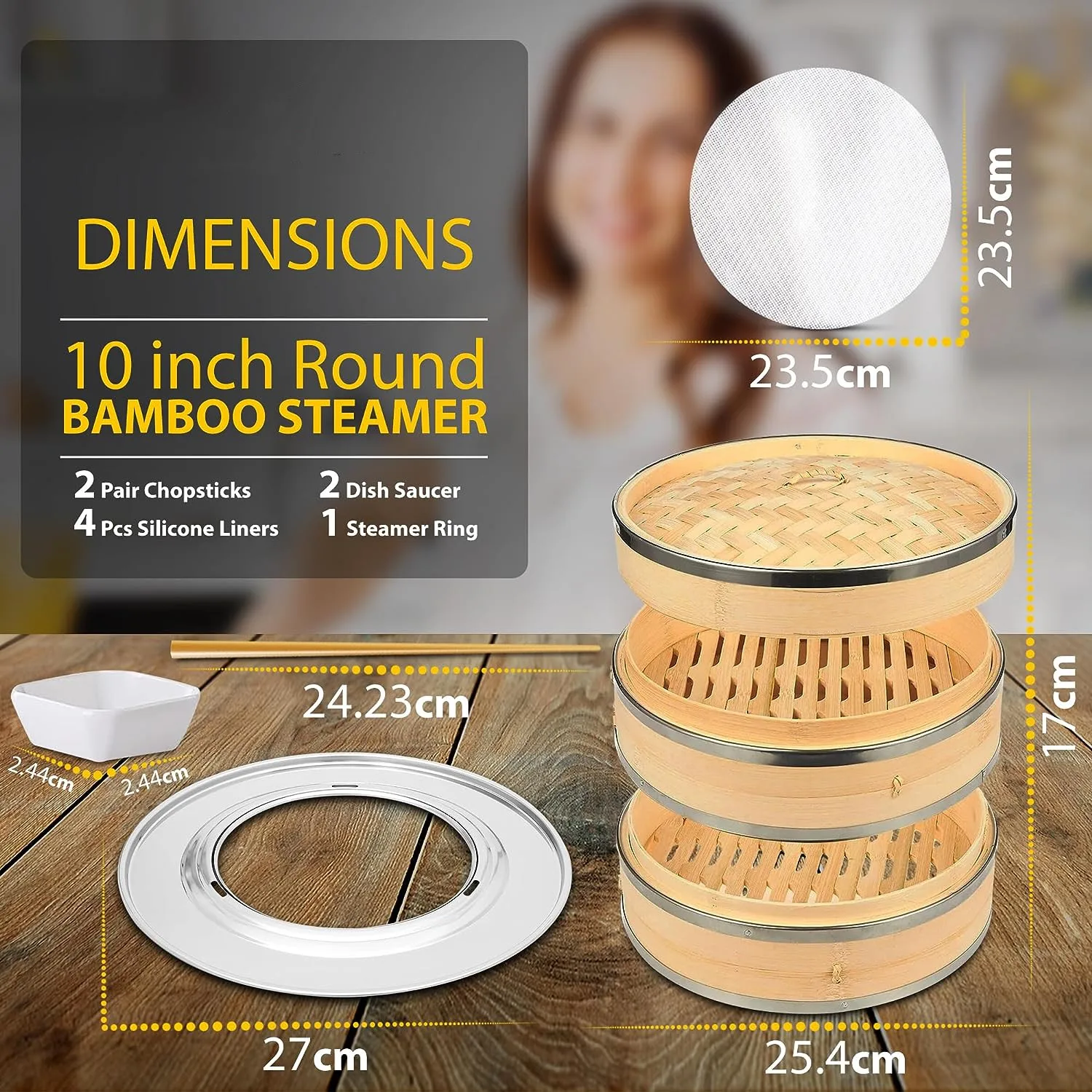 2 Tiers 10 inch Bamboo Steamer Basket Set with Steamer Ring, Chopsticks, Sauce Dishes, and Reusable Liners