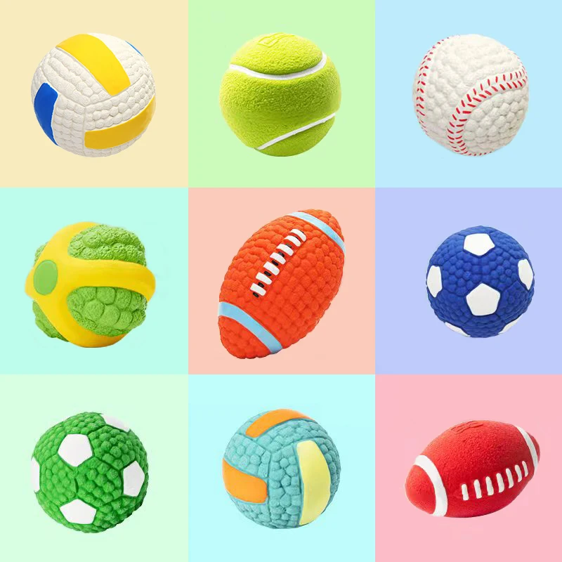 Hot Sell Squeaky Pet Training Toy Rubber Tennis, Rugby,Volleyball,Football Dog Toy Balls Wholesale