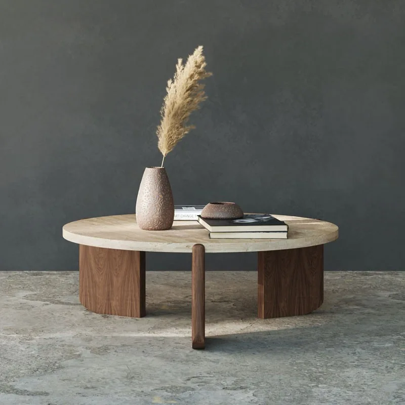 round Shaped Living Room wabi sabi travertine Walnut Coffee Table Nordic Style Natural Modern Luxury Coffee Table Wood