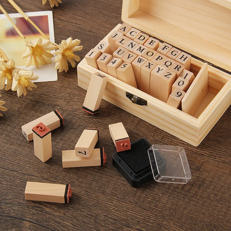 Creative Stationery Retro Alphabet English Number Letter Wooden Box DIY Decorative Stamp
