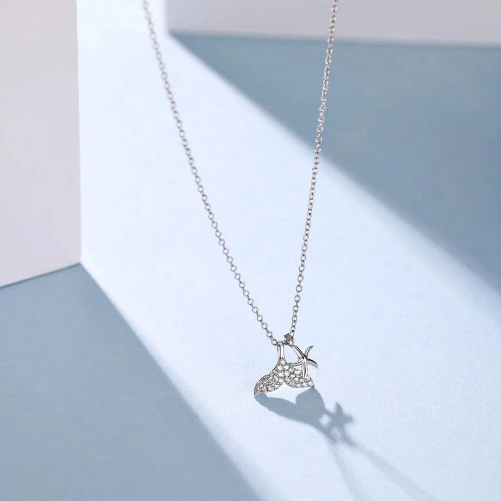 ACME S925 Silver Star Micro Paved Zircon Chain Gold Plated Mermaid Fish Whale Tail Charm Dolphin Necklace Sparkling  Pendant