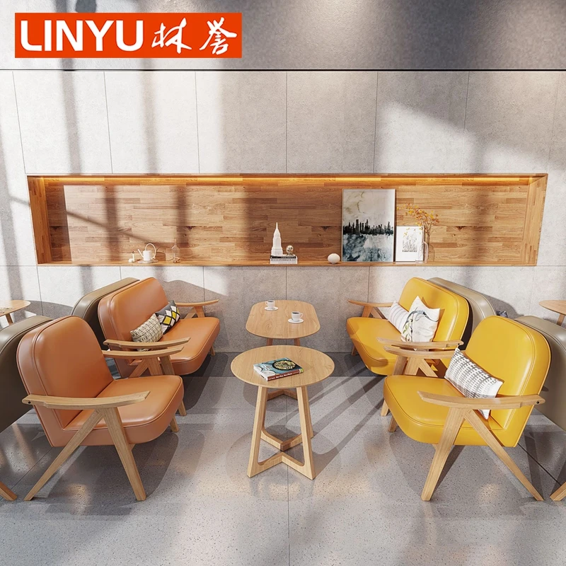 Mongolia Factory wholesale modern wood pu leather cafe coffee shop restaurant store round coffee table and lounge chair sofa set
