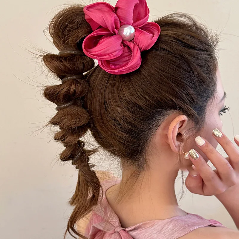 Elegant Big Floral Wire Line Elastic Hair Band With Pearl Women Plastic Hair Ties Wholesale Accessories