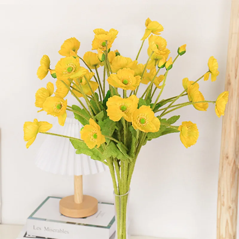 60cm Artificial Flocking Silk Cloth 4 Heads Yellow Blue Poppy Flower For Wedding Decoration 2024