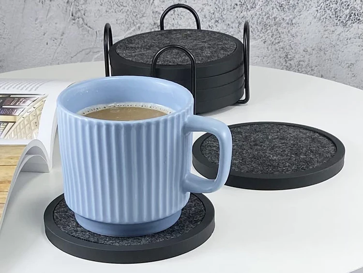 Wholesale Table Round Absorbent Drink Coffee Coasters Silicone High Quality Wool Felt Fabric With Leather Coasters Set Cup Mat