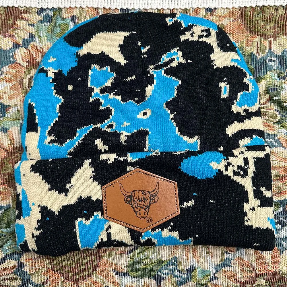 fashion acrylic Cow print Highland Cow Beanie winter thick knit beanies cow girl hats with custom logo patch