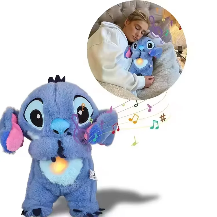Dropshipping Ecommerce Breathing Stitch Stuffed Animals Toys with Music Lights Ears Moving Baby Sound Machine for Sleeping
