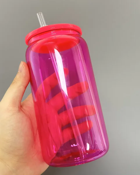 550ml Candy Colored Glass Mugs with Colored Plastic Lids and Straw - Clear Jelly Beer Glass Can