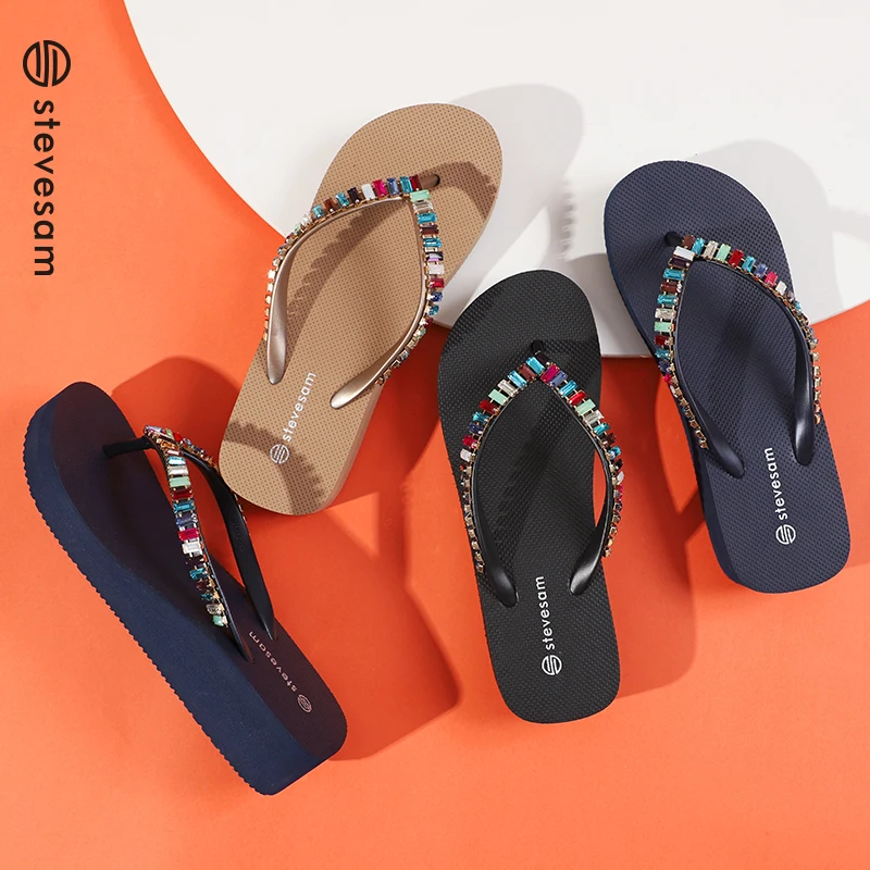 Wholesale New Rhinestone Summer Beach High Heels Flip-flops Wedges Flat Slippers EVA Rubber Women Flip-Flops