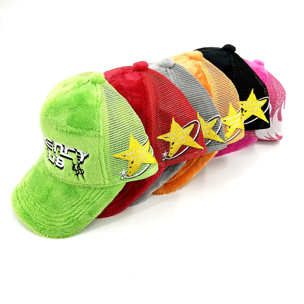 Wholesale High Quality Embroidered logo Mesh Trucker Hat Fluffy Fuzzy Velvet Trucker Hats