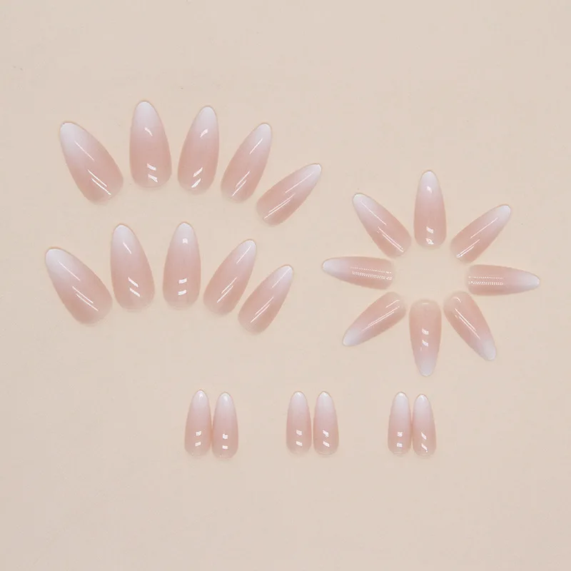 24 Pcs Press on Nails Set Medium Almond Fake Nails with Glue Kit Pink White Gradient False Nails Designs Acrylic Tips for Women